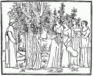 FIG. 28.—Poliphilo and the Nymphs. From the
“Hypnerotomachia Poliphili.” Venice, 1499.