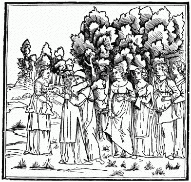 FIG. 30.—Poliphilo meets Polia. From the
“Hypnerotomachia Poliphili.” Venice, 1499.