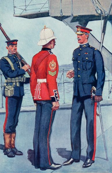 color illustration of more recent sailors in uniform on deck
