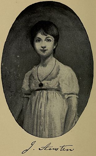 Portrait of very young Jane Austen with handwritten signature below