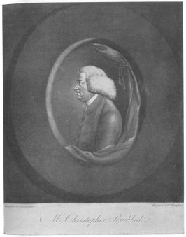 A very rare mezzotint of Christopher Pinchbeck, Jr.,
combining the work of Cunningham, the greatest designer, and William
Humphrey, the greatest portrait etcher of his day. From the Harry
Houdini Collection.