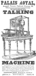 Hanger advertising the Professor Faber talking machine,
exhibited by P. T. Barnum during 1873 in his museum department. This
automaton was the first talking figure. From the Harry Houdini
Collection.