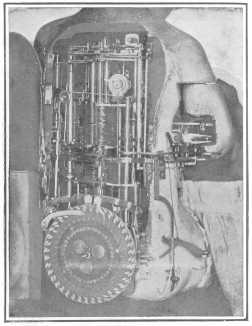 View of the mechanism which operates the Jacquet-Droz
writing automaton. From the brochure issued by the Society of History
and Archæology, Canton of Neuchâtel, Switzerland.