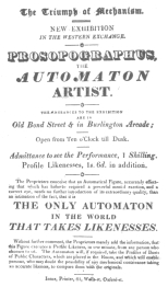 Handbill advertising the fake automatic artist, exhibited
also at 161 Strand, London, May 7th, 1826. From the Harry Houdini
Collection.