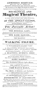 Programme used by Mr. Schmidt in 1827, when he had
possession of the writing and drawing figure. From the Harry Houdini
Collection.