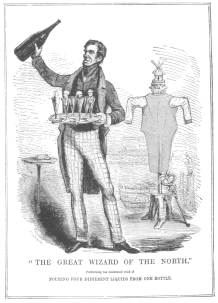 Reproduction of a political cartoon in Punch, published
during Anderson’s London engagement, April, 1843, proving that the
“Inexhaustible Bottle Trick” was used by Anderson before Robert-Houdin
was a professional entertainer. From the Harry Houdini Collection.