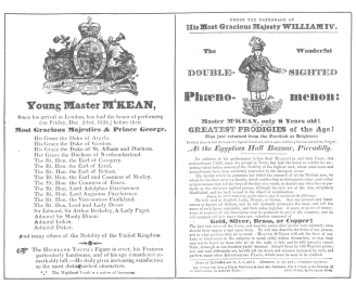 Reproduction of front and back of original handbill
distributed on London streets in 1831, to advertise Master M‘Kean. From
the Harry Houdini Collection.