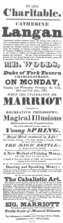 Marriot programme featuring “Cabalistic Art” in 1831, or
fifteen years before Robert-Houdin claims to have invented the
disappearing handkerchief trick. From the Harry Houdini Collection.