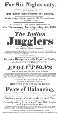 Handbill used by the original Indian jugglers in England
during 1818, in which the sword-swallowing trick is featured. From the
Harry Houdini Collection.