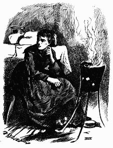 Woman seated by a fire