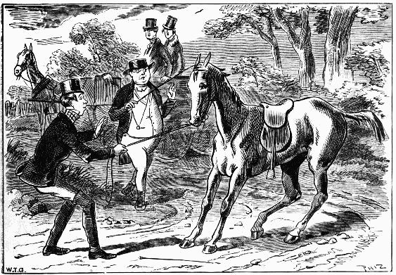 man pulling a horse, Pickwick and friends watching