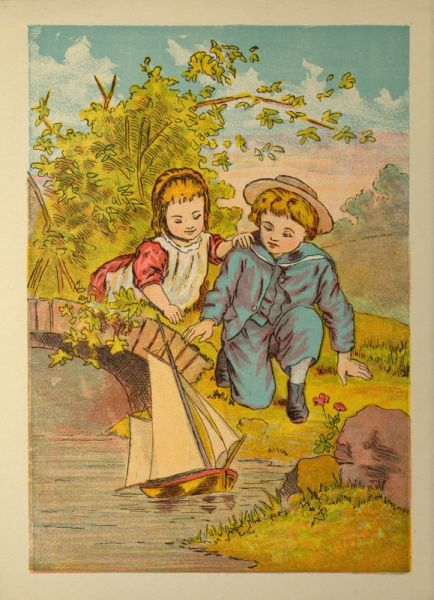George and his sister Lillie are having a nice time sailing
     their little boat in the brook.