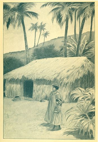 hut with woman walking by