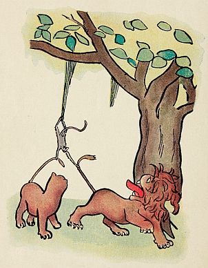 monkey hanging from tree pulling lions' tails
