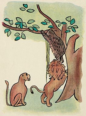 Bear climbing banyan tree standing on lion's head