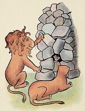 lions putting monkey in stone "cage"
