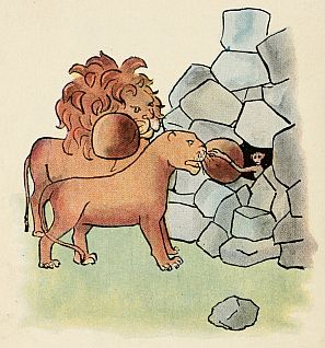 lions giving cocoanuts to monkey