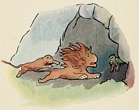 Jacko meeting lions at door of cave