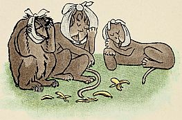 Lions and bear with bandages on their heads unhappily eating bananas