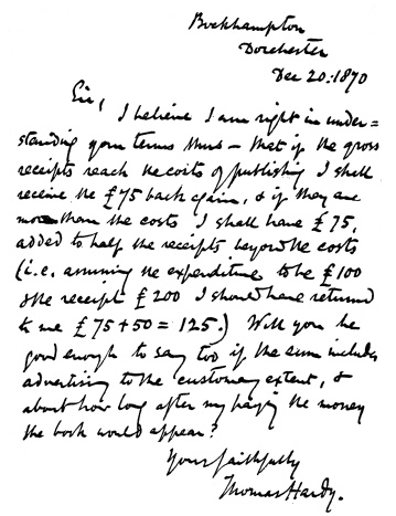 LETTER OF THOMAS HARDY TO HIS FIRST PUBLISHER, “OLD
TINSLEY”

I paid five shillings for this letter many years ago, in London. Maggs,
in his last catalogue, prices at fifteen guineas a much less interesting
letter from Hardy to Arthur Symons, dated December 4, 1915, on the same
subject.