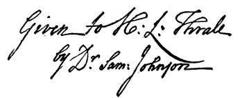 Inscription to Mrs. Thrale in Dr. Johnson’s Hand
