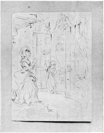 BECKY SHARP THROWING DR. JOHNSON’S “DIXONARY” OUT OF THE
CARRIAGE WINDOW, AS SHE LEAVES MISS PINKERTON’S SCHOOL

From the first pen-and-ink sketch, by Thackeray, afterwards
elaborated