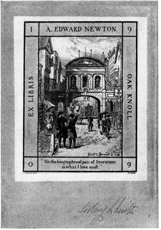 The book-plate illustrates an incident described in
Boswell. Johnson and Goldsmith were walking one day in the Poets’ Corner
of Westminster Abbey. Looking at the graves, Johnson solemnly repeated a
line from a Latin poet, which might be freely translated, “Perchance
some day our names will mingle with these.” As they strolled home
through the Strand, Goldsmith’s eye lighted upon the heads of two
traitors rotting on the spikes over Temple Bar. Remembering that Johnson
and he were rather Jacobitic in sentiment, pointing to the heads and
giving Johnson’s quotation a twist, Goldsmith remarked, “Perhaps some
day our heads will mingle with those.”