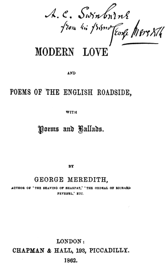 Title of Meredith’s “Modern Love,” with Autograph
Inscription to Swinburne