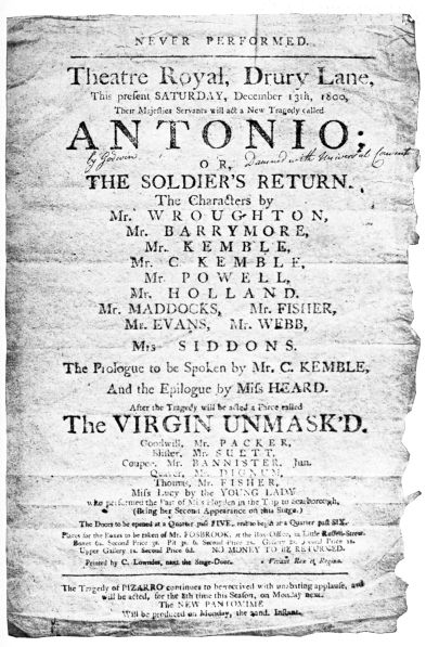 CHARLES LAMB’S PLAY-BILL OF “ANTONIO,” BY GODWIN. “DAMNED
WITH UNIVERSAL CONSENT”