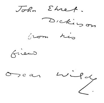 MS. Inscription to J. E. Dickinson, from Oscar Wilde