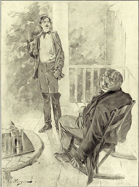 man in rocking chair tlkaing to young man standing