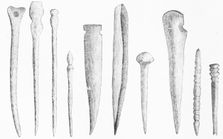 Nos. 92-101. Ivory Pins, Needles, &c., from the Lowest
Stratum (11-15 M.).