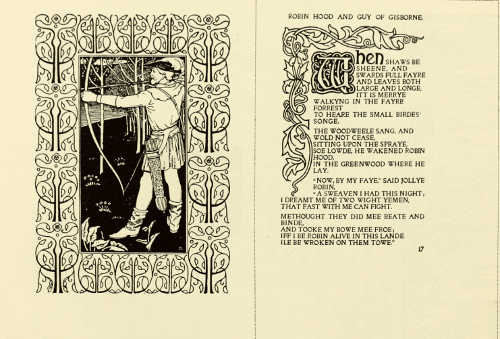 ILLUSTRATION AND PAGE OF TEXT FROM “ROBIN HOOD BALLADS.”
DESIGNED BY R. JAMES WILLIAMS. PUBLISHED BY THE VINCENT PRESS
