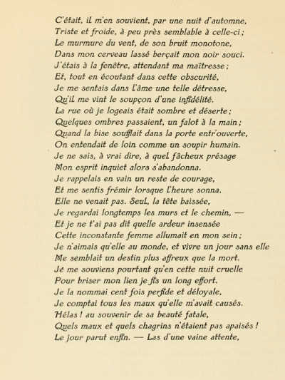 PAGE FROM A. DE MUSSET'S “LES NUITS” (JULES MEYNIAL,
PARIS), PRINTED IN TYPE DESIGNED BY ADOLPHE GIRALDON CAST BY LA MAISON
DEBERNY