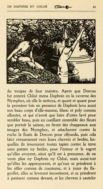 PAGE FROM “DAPHNIS ET CHLOÉ.” PRINTED IN “JENSON” TYPE
BY L. PICHON, PARIS, WITH WOODCUT BY CARLÈGLE (weak in
original)