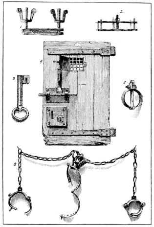 RELICS OF THE BASTILLE AND OTHER FRENCH PRISONS.

(In the possession of Madame Tussaud & Sons, Limited.)

1. Hand Crusher. 2. Thumb-screw. 3. Key of the Bastille. 4. Dungeon Door
from the Abbey Prison, Paris. 5. Handcuffs. 6. Wrist and Neck-irons.