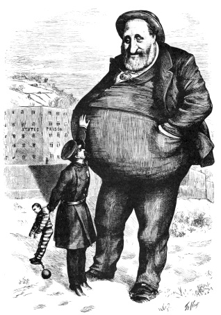 CAN THE LAW REACH HIM? (“BOSS” TWEED DEFYING THE LAW.)

(From a Cartoon in “Harper’s Weekly” 1872)