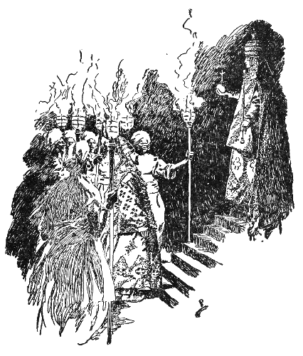 six tall, teribble black men with torches marched King Selim to the statue