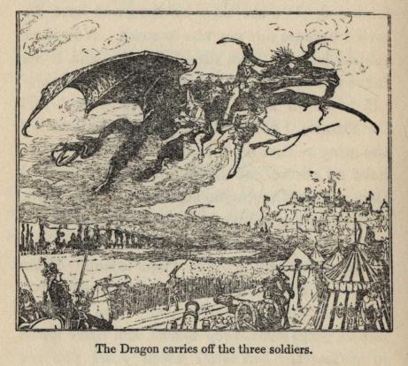 The Dragon carries off the three soldiers.