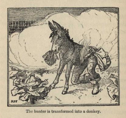 The hunter is transformed into a donkey.