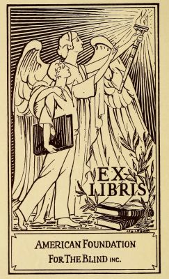 Ammerican Associations for the Blind, Inc. bookplate: Angel leading boy with EX LIBRIS at their feet