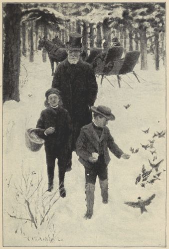 two children and grandfather walking in snowing wood, sleigh in background