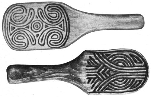 Reconstructed pottery stamps. Designs taken from sherds excavated at the Swift Creek site. Total length of paddle, 9 inches.