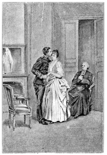 Afbeelding van een man in uniform, een vrouw in baljurk, en een geestlijke zittend op een stoel