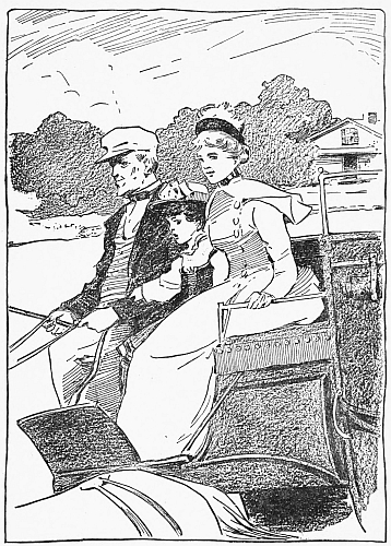 man, woman an child in buggy seat