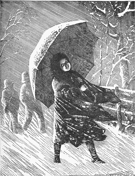 Girl with umblrella in snowstorm