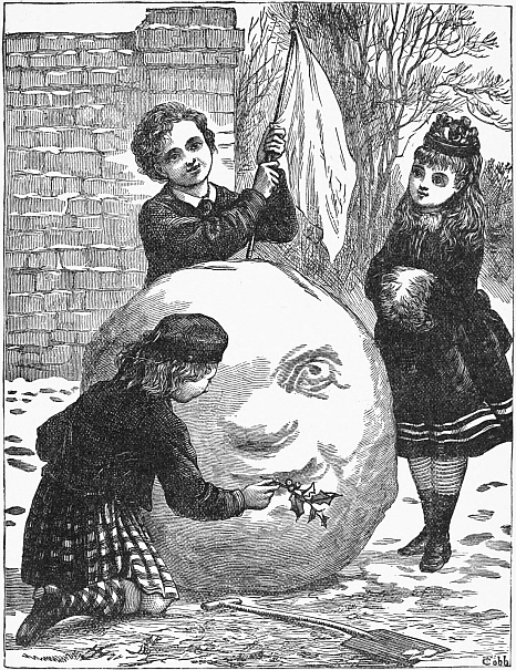 three children building large snowball with smiley face
