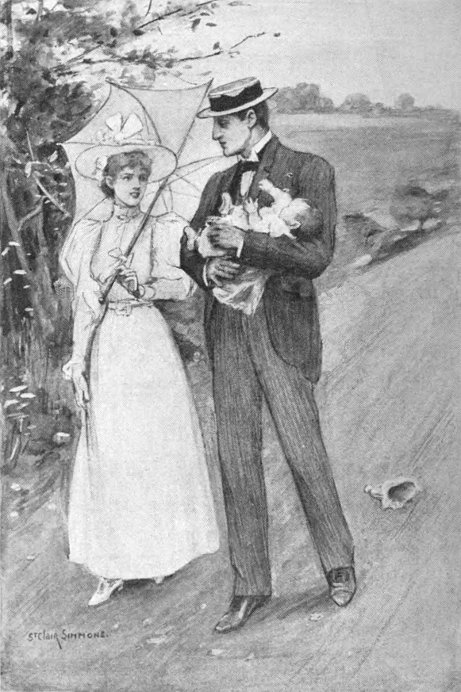 [Frontispiece: Dot and Larrie, holding the baby, walk down a road arguing.
  Dot is dressed in white and carrying a white parasol, while Larrie is dressed in a dark suit and boater.
  The baby's bonnet has fallen on the road.

  Illustration is signed St Clair Simmons.]