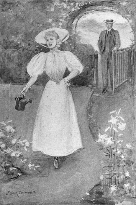 [Illustration: Dot, holding a small watering can, is in the foreground.
 Larrie is in the background, coming through the garden gate.

 Illustration is signed St Clair Simmons.]
