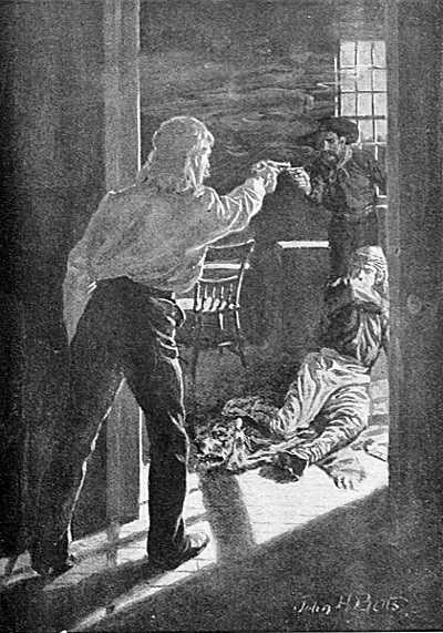 Mr. Preston pointing a revolver at the robbers
